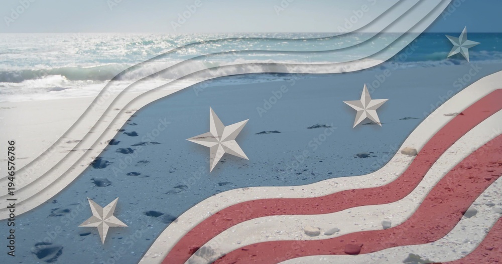 Fototapeta premium Showing sandy shoreline with footprints, pebbles at shore, overlaying red-white stripes and stars