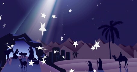 Kneeling nativity robed figures tending infant in manger at sand cave with bright star, copy space