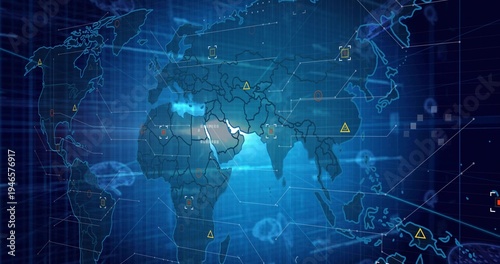 Displaying translucent world map highlighting Africa Europe Asia on virtual dashboard, with alerts