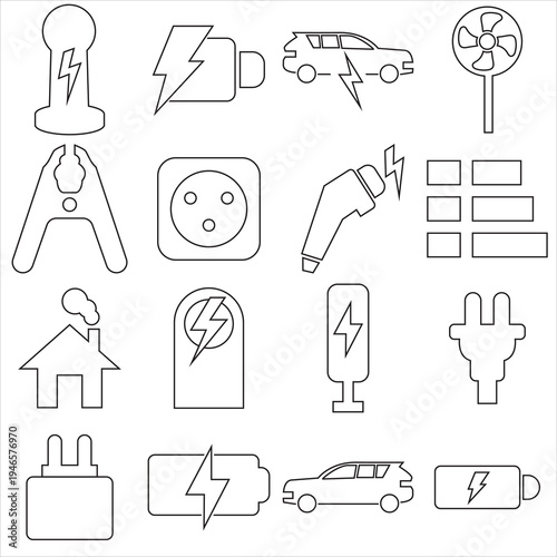 Electric Vehicle Charging and Energy Line Icons . Electric vehicle charging, renewable energy, battery and power technology line icons for EV infrastructure, sustainable transport . 