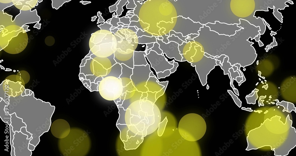 Naklejka premium Showing map focusing on Africa and nearby regions over black sea with white borders, yellow glows