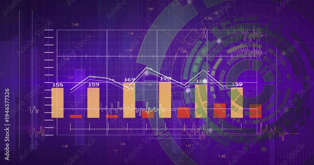 Naklejka premium Displaying bar chart with white line on purple display, orange bars, labels, ECG, red markers, HUD