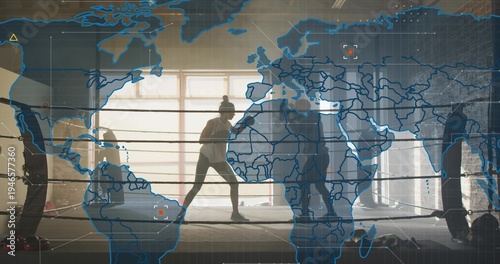 Diverse training partners sparring in boxing ring with ropes at gym with gloves and map overlay