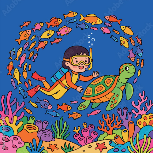Diver and Turtle in Colorful Coral Reef