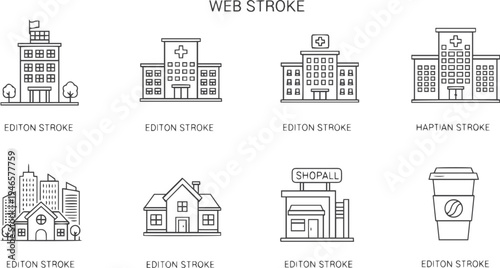 Building web icons in line style. Hotel, hospital, apartament, city, town house, mall, coffee, collection. Editable stroke. Vector illustration