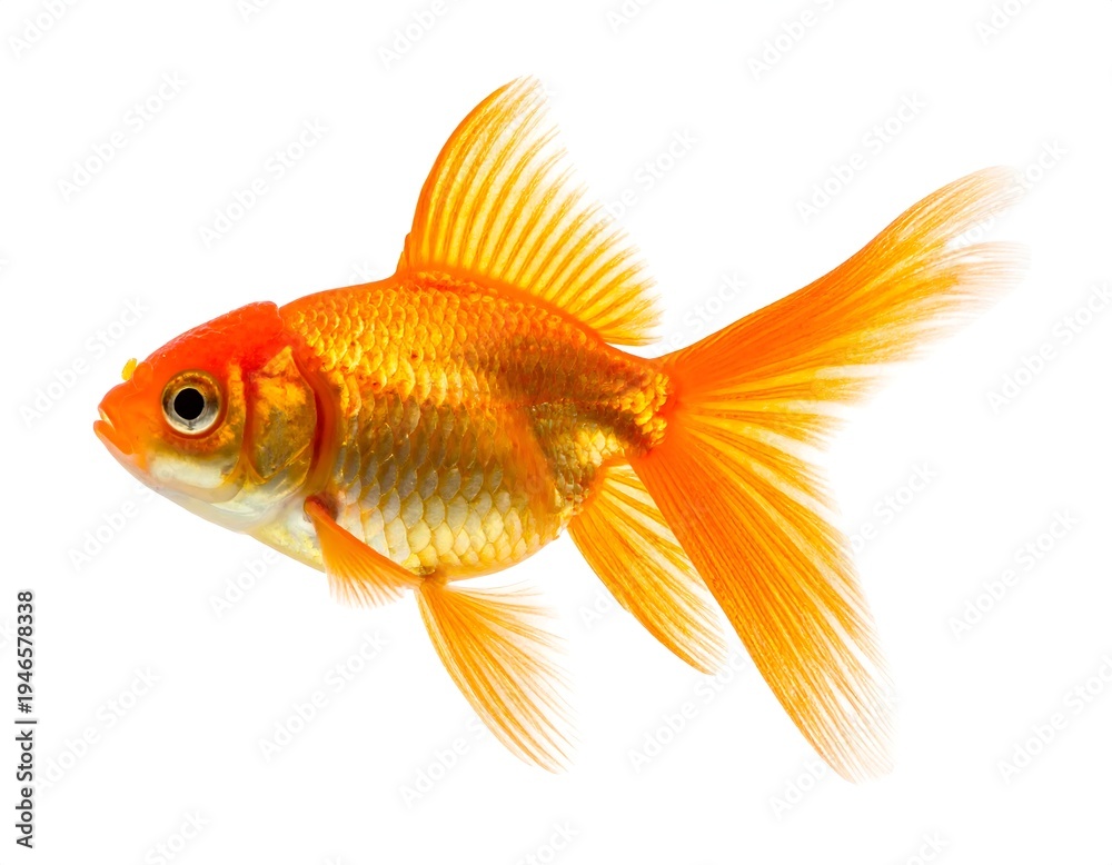 Fototapeta premium A vibrant orange goldfish with flowing fins against a white background