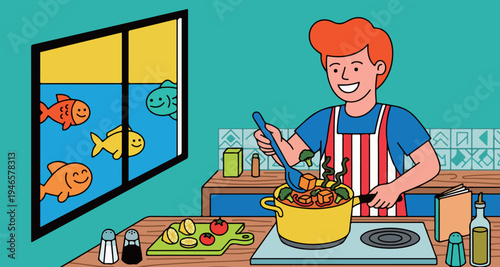 Cartoon Man Cooking Stew with Fish Tank View