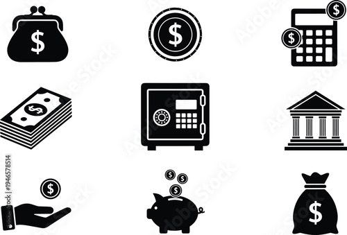 Finance and banking icon set with money bag coins calculator bank safe piggy bank vector illustration