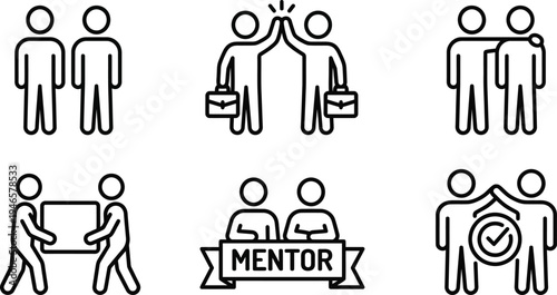 Vector graphic illustration of six different teamwork and partnership designs featuring simple stick figures in various collaborative poses and activities.