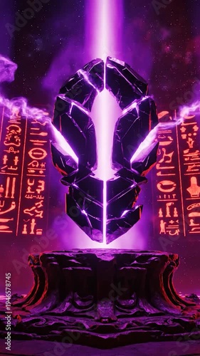 Mysterious glowing artifact on ancient pedestal with hieroglyphs