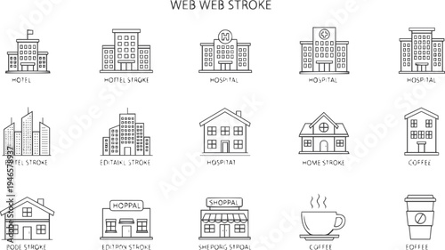 Building web icons in line style. Hotel, hospital, apartament, city, town house, mall, coffee, collection. Editable stroke. Vector illustration