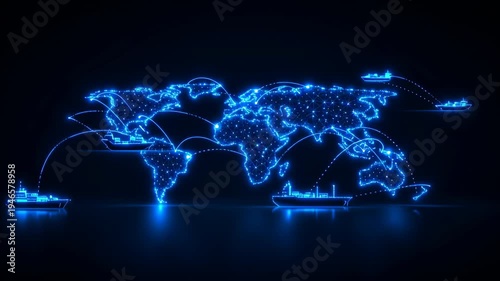 Wallpaper Mural Global delivery network concept with glowing world map, cargo ship, shipping route, and logistics, illustrating international delivery, maritime transport, and worldwide cargo connections futuristic Torontodigital.ca