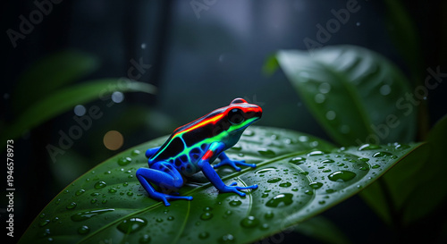 Colorful frog on a leaf dark background