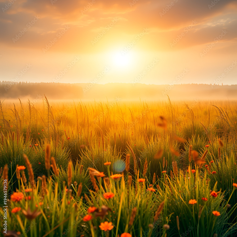 Fototapeta premium Morning elegance: the majestic glow of an autumn meadow. Fiber optics. Enchanting autumn scene: vivid colors and gentle mist in the meadow. Internet networks. Digital communication.