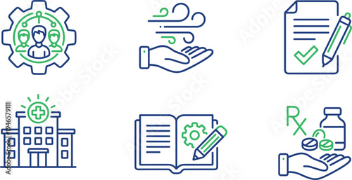 medical healthcare line icons set, hospital pharmacy prescription wind care teamwork education outline vector illustration modern healthcare services collection