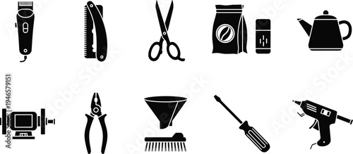 household tools and equipment icons set, scissors screwdriver drill pliers kettle grinder clipper vector illustration collection