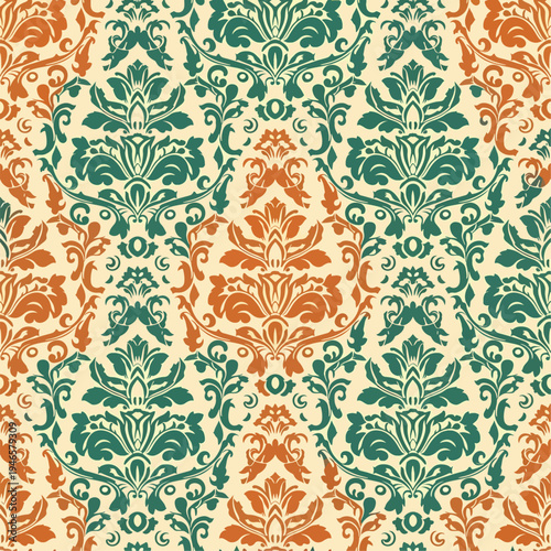 Classic ornamental wallpaper pattern featuring elegant damask florals and traditional decorative motifs