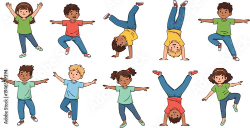 kids playing and dancing cartoon characters set, happy children jumping handstand fun activity vector illustration collection