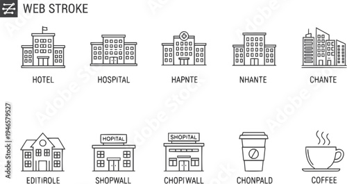 Building web icons in line style. Hotel, hospital, apartament, city, town house, mall, coffee, collection. Editable stroke. Vector illustration