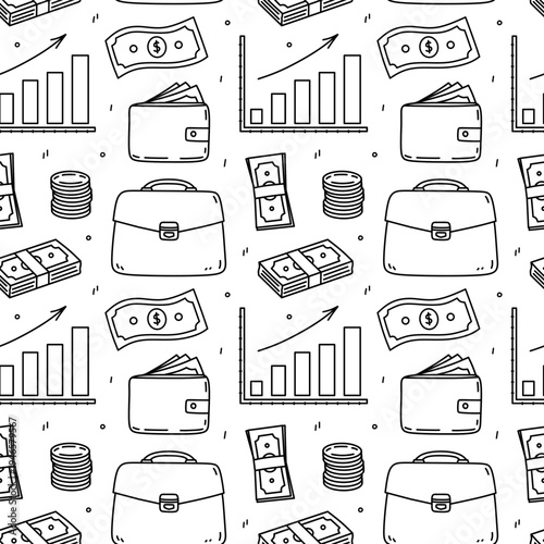 Seamless finance pattern with money bags, wallet, credit cards, bank, coins and cash. Black and white doodle background for business, attachments, investment design. Vector hand-drawn illustration.