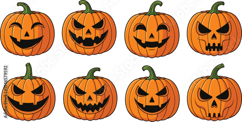 Halloween pumpkin jack o lantern faces collection spooky carved pumpkins cartoon vector illustration set for holiday