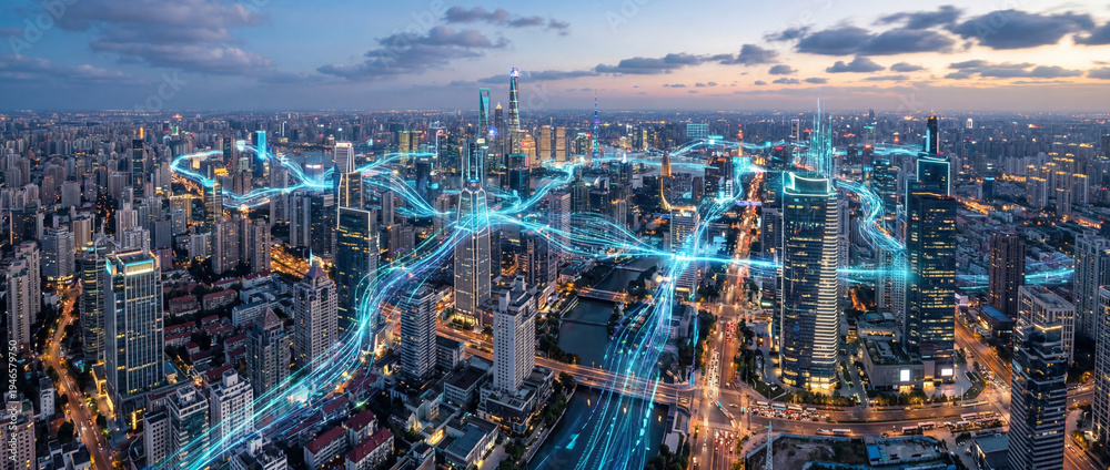 Fototapeta premium Aerial panorama of a modern metropolitan skyline at dusk with glowing digital data lines visualizing smart city connectivity and advanced communication networks.
