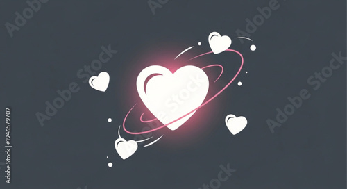 White heart symbol with orbiting rings and smaller hearts.