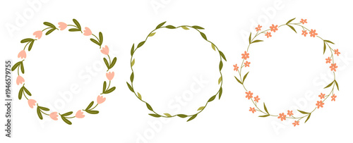 Hand drawn floral wreath set with delicate flowers and leaves. Cute botanical circle frames isolated on white background. Perfect for wedding invitation, logo, greeting card, and decorative design.
