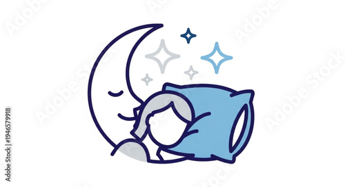 Person sleeping peacefully on a pillow with a smiling moon and stars.