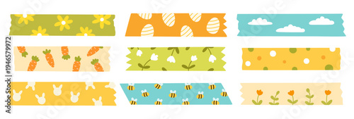 Cute hand drawn washi tape set with spring elements, flowers, bee, bunny, carrot and cloud patterns. Colorful decorative adhesive tape collection for planner, scrapbook, stationery and craft design.