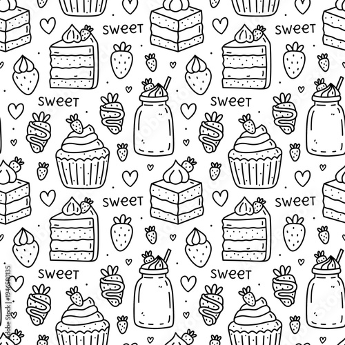 Cute seamless pattern with desserts - cake slices, cupcakes, strawberry, milkshake and pastry. Vector hand-drawn doodle illustration. Perfect for print, wrapping paper, wallpaper, menu, bakery design.