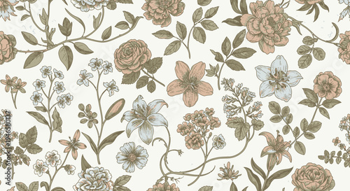 Vintage floral pattern with roses flowers.