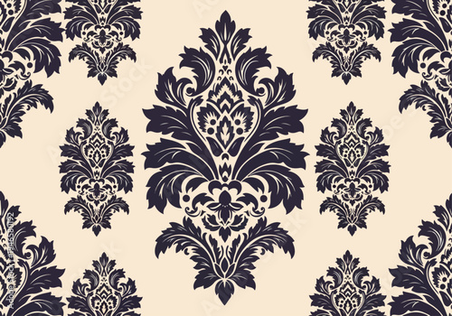 Traditional vintage damask wallpaper with repeating botanical crests and ornate scroll patterns