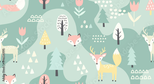 Deer with antlers and forest animals.