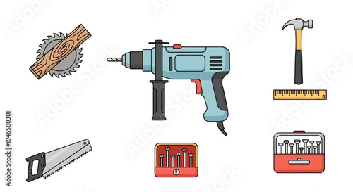 Drill and various hand tools set.
