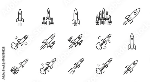 Collection of rocket ship icons in simple line art style.