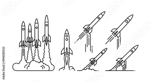 Collection of rockets launching into space with smoke trails.