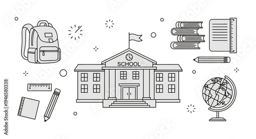 School Building with Educational Icons.