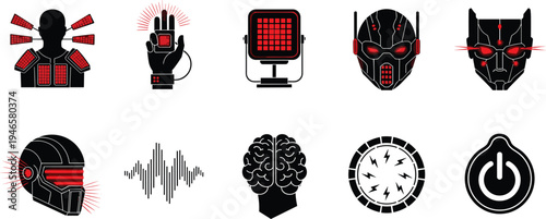 Futuristic AI technology icons set, cybernetic robot head, digital brain, scanner, voice recognition and power system vector illustration