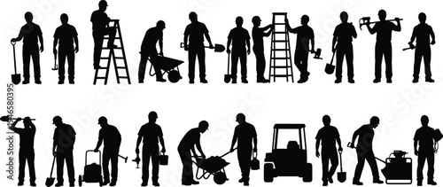 Construction worker silhouettes collection with tools, ladder, wheelbarrow, shovel and machinery, professional builders and laborers set, industrial workforce vector illustration