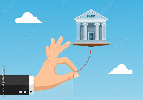 Conceptual vector illustration of a hand holding a bank building, representing financial services and security