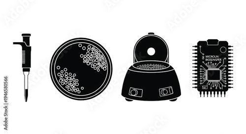 A collection of scientific equipment and technology icons in black and white