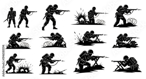 Silhouette Soldiers in Combat Poses with Rifles and Machine Guns.