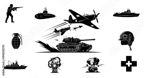 Collection of military vehicles and equipment silhouettes.