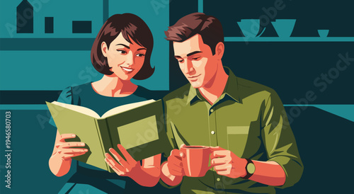 A charming vector illustration of a couple enjoying a quiet moment together, reading a book and sharing a warm drink, perfect for lifestyle and relationship themes