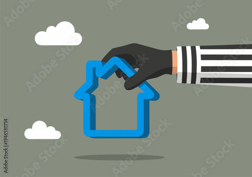 Vector illustration of a gloved hand stealing a house symbol representing burglary or property crime on a gray background with clouds