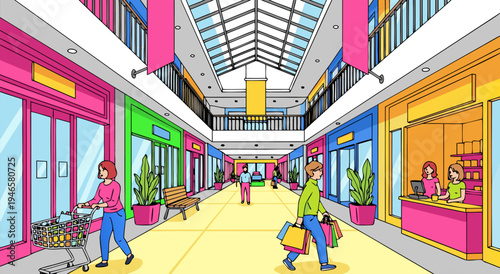 Shopping mall vector illustration of people and stores with colorful displays and natural light, perfect for retail and lifestyle concepts