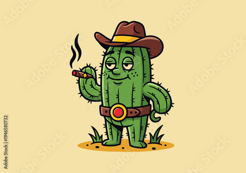 A cool and funny cowboy cactus illustration vector with a cigar, embodying a unique and humorous character design