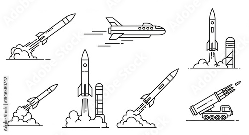 Collection of rockets and spacecraft launching into the sky.