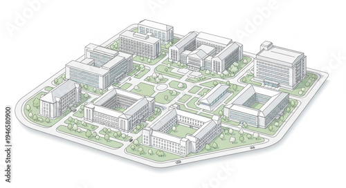 Detailed architectural model of a modern city block with buildings and green spaces.
